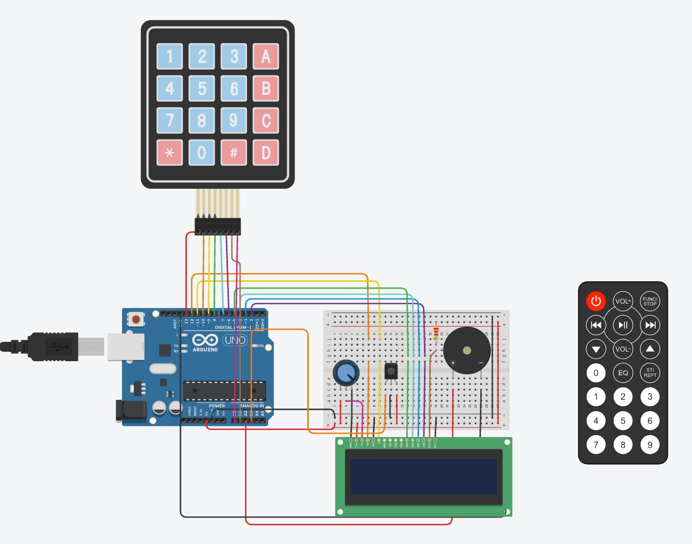 Arduino number guessing game breadboard wiring: Uno, 4x4 keypad, 16x2 LCD, potentiometer, piezo buzzer and IR remote.