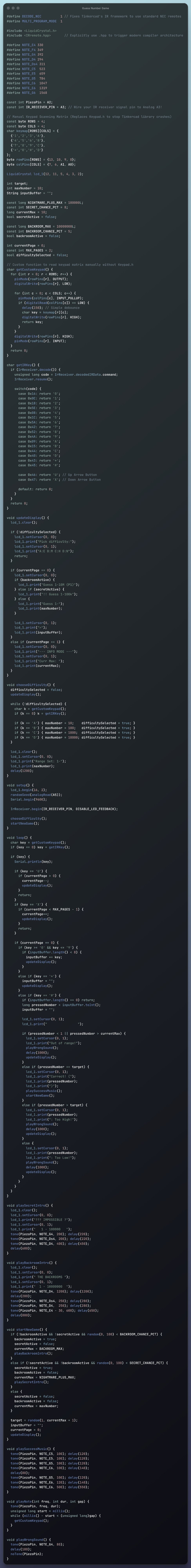 Full syntax-highlighted Arduino source for the Guess Number Game.